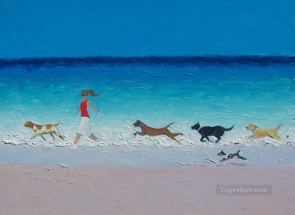 fille avec des chiens en cours d’exécution à la plage Peintures à l'huile